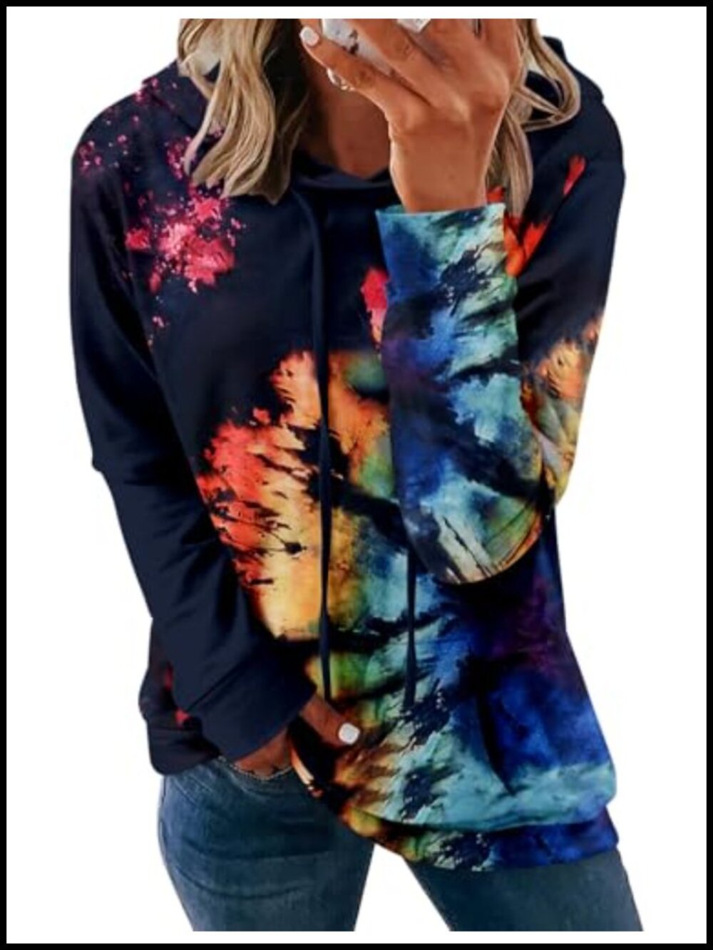 Womens Hooded Sweatshirt Pullover Drawstring Long Sleeve Tie Dye Casual